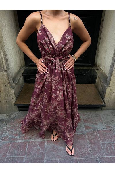HARMONY GLOBAL Ethnic Patterned Burgundy Double Breasted V-Neck Long Summer Dress – Strap, Elastic Back, Belted 7413