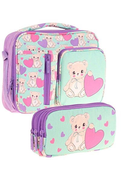 KAUKKO Kids Girl Turquoise Purple Teddy Bear Three Compartment Lunch Box and ...
