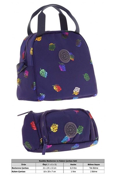 KAUKKO Set de cutie de prânz și geantă de creion pentru fete bleumarin cu model de frunze strălucitoare