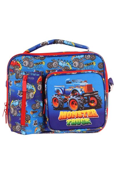 KAUKKO Men's Navy Blue Red Truck Thermo Three Compartment (Water Bottle Pocket) School Lunchbox L7257