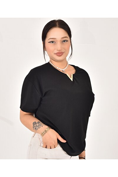 Pollux Γυναικείο βασικό μπλουζάκι με λεπτομέρεια αξεσουάρ V