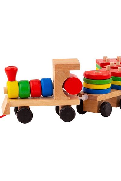 Wooden Toys Trenulet Lemn cu 2 vagoane si forme geometrice
