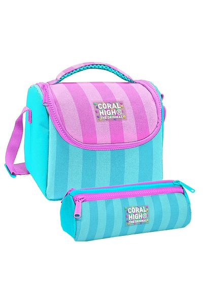 Coral High Girl's Turquoise Pink Striped Thermo Lunchbox and Three Compartment Pen Holder Set