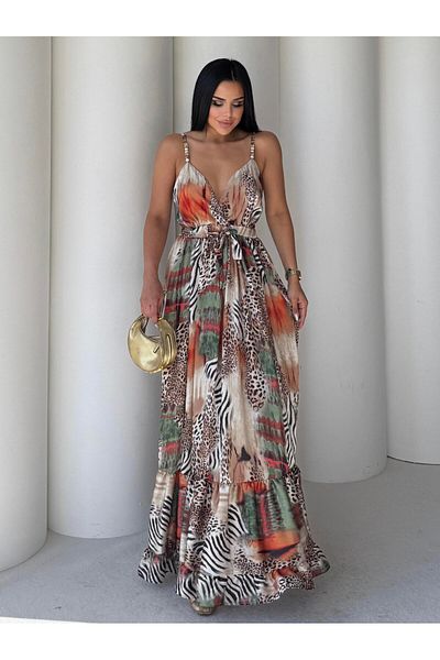 HARMONY GLOBAL Rochie lungă de vară din satin cu decolteu în V cu modele multicolore – cu bretele subțiri, spate elastic și curea 7406