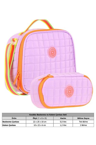 KAUKKO Quilted School Thermos Lunch Bag and Organizer Pen Holder Set - Girl - Purple Orange