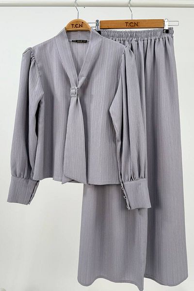 TrendParis Double Set with Buckle Tie Collar Skirt