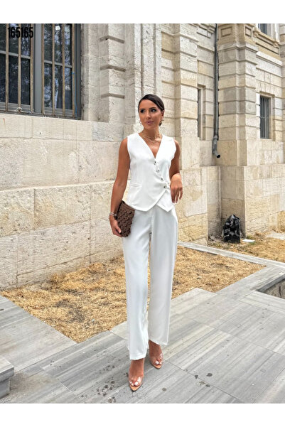 Modayakamoz Kadın Yazlık Atlas Kumaş Sıfır Kollu Yelekli Pantolon Takım Hafif...