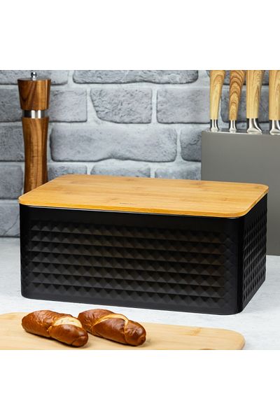 Kinghoff Bread box 35.5 x 23.5 black metal Kinghoff KH1713, removable bamboo lid