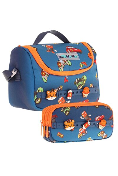 KAUKKO مجموعة صندوق غداء للأطفال وحامل أقلام ثلاثي العيون - أزرق داكن وبرتقال...