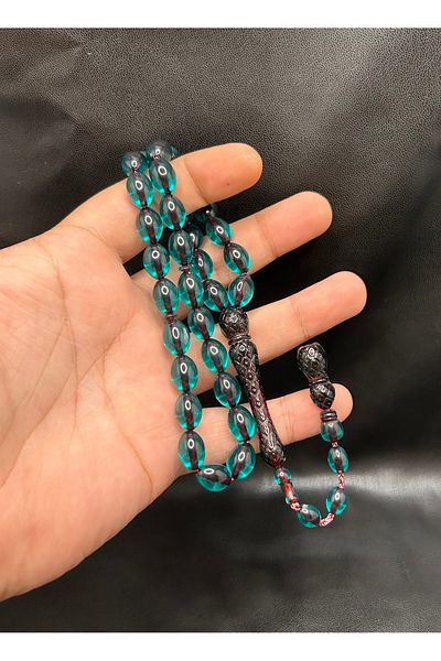 Han Ticarethane Imame Embroidered White Cut Petrol Green Powder Amber Prayer Beads