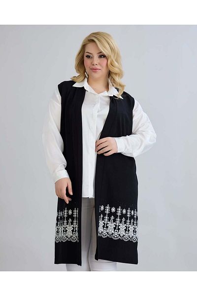 ModaMinar Women's Tulle Patterned and Stone Detailed Kristan Combed Cotton Fabric Long Vest