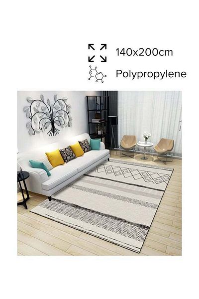 COOYA Warm Luxurious Modern Printed Rectangular Anti-Slip Carpet Off-White/Black 140x200cm
