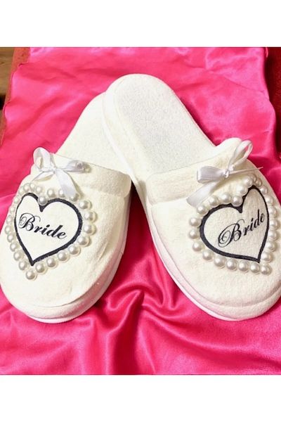 bridebyvictoria (We Write Your Name) White Bridal Slippers Bride Slippers with Pearl and Ribbon Detail