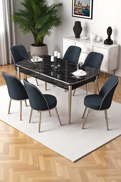 Canisa Nira Serisi 70x114 Mdf Siyah Mermer Desen Mutfak Masa Takımı 6 Antrasi...