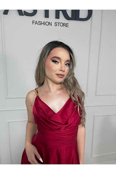 ASTRID FASHION STORE Olga long satin dress with gold straps and dropped bust