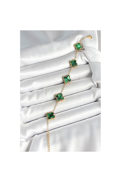 Skygo 316L Steel Pearlescent Emerald Green Gold Color Clover Women's Bracelet - Tj-Bb6968