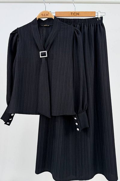 TrendParis Double Set with Buckle Tie Collar Skirt