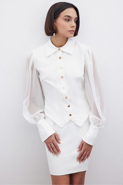 Sateen Chiffon Sleeve Shirt - Ecru