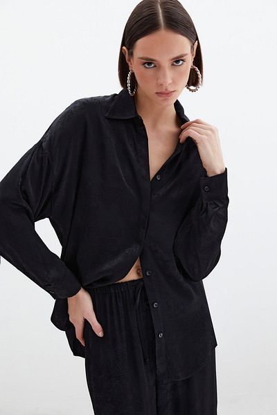 Sateen Жакардова сатенена риза - Черна