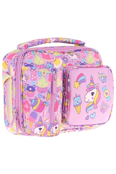 KAUKKO Girl's Lilac Unicorn Patterned Thermal Insulated Three Compartments (Water Bottle Pocket) School Lunchbox L7215