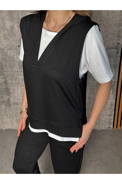 Modayakamoz New Season Women's Short Sleeve V Neck Hooded Viscose Two Thread Blouse and Pants Set
