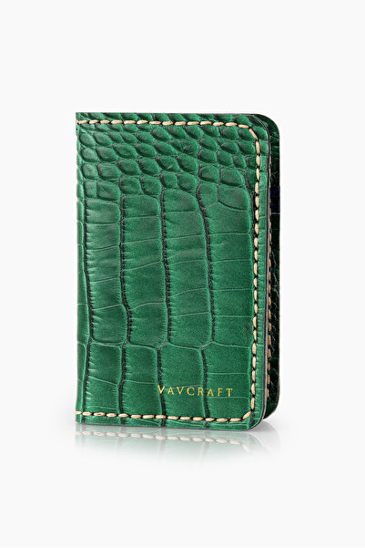 Vavcraft Gerçek Deri El Dikişi Cüzdan - Timsah Desenli Yeşil Fiyu Kartlık