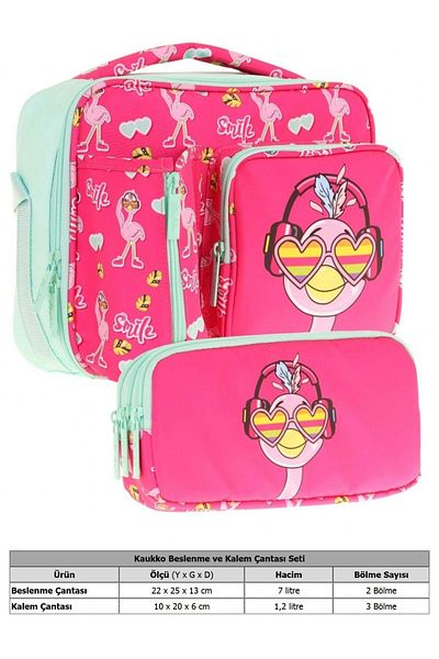 KAUKKO Kids Girl Red Green Flamingo Patterned Lunchbox and Pen Holder Set (L7235+L8235)