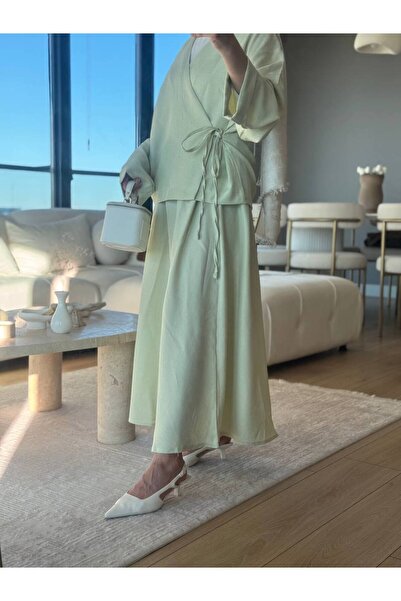 Esre Store 3509 - طقم كيمونو من قماش الكتان باللون الأخضر