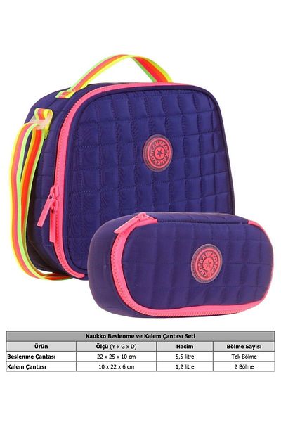 KAUKKO Quilted School Thermos Lunch Bag and Organizer Pen Holder Set - Girl - Navy Blue Pink