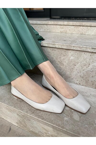 BABLACK Genuine Leather Blunt Toe Women's Ballerinas White