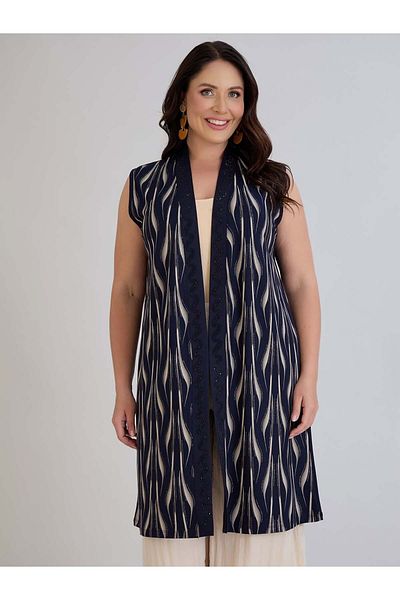 ModaMinar Women's Wave Pattern and Stone Detail on the Front Crystal Combed Fabric Long Vest