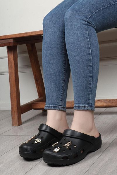 İncim Black Daily Orthopedic Seaside Pool Beach Slippers with Stone Accessories Women's Slippers & Sandals