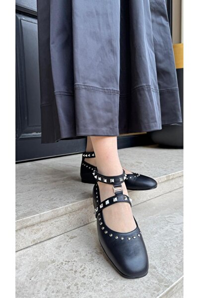 BABLACK Ankle Tie Troc Detailed Genuine Leather Women's Ballerinas Black