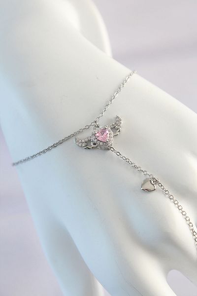MBB ETİCARET 316L Steel Silver Color Pink Zircon Stone Winged Heart Model Şahmeran - Tj-Sn584