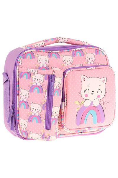 KAUKKO Girl's Salmon Purple Cat Patterned Thermal Insulated Three Compartments (Water Bottle Pocket) School Lunch Bag L7241