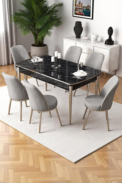 Canisa Nira Serisi 70x114 Mdf Siyah Mermer Desen Mutfak Masa Takımı 6 Gri San...