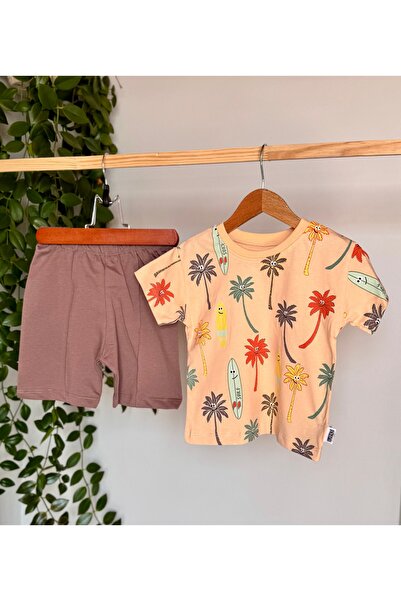 KapsülBebek 100% Organic Cotton Unisex Summer Baby 2-Piece Set – Palm Print T-Shirt and Comfortable Shorts