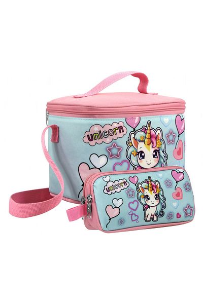 Cennec Girl's Baby Unicorn Patterned Pink Turquoise Lunchbox and Pen Holder Set