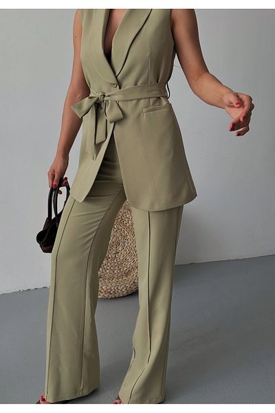 pembekurdelem Women's Shawl Collar and Belted Vest Pants Suit Khaki