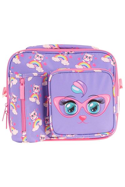 KAUKKO Girl's Lilac Pink Cat Thermal Insulated Three Compartments (Water Bottle Pocket) School Lunch Bag L7236