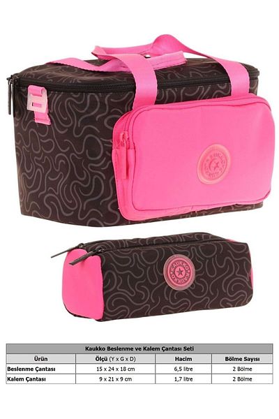 KAUKKO Set cutie de prânz termică cu două compartimente și geantă de creion pentru fete fucsia neagră (K9085+K2749)