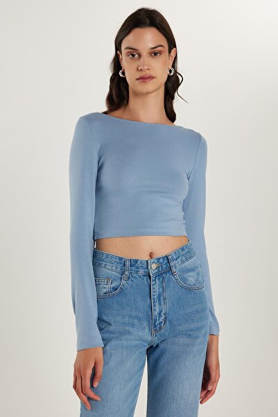 Tudors Kadın Slim Fit Dar Kesim Modal Kumaş Uzun Kollu Bisiklet Yaka Açık Mavi Bluz