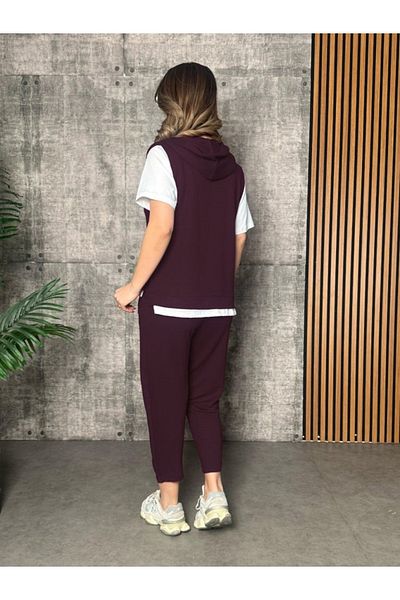 Modayakamoz New Season Women's Short Sleeve V Neck Hooded Viscose Two Thread Blouse and Pants Set