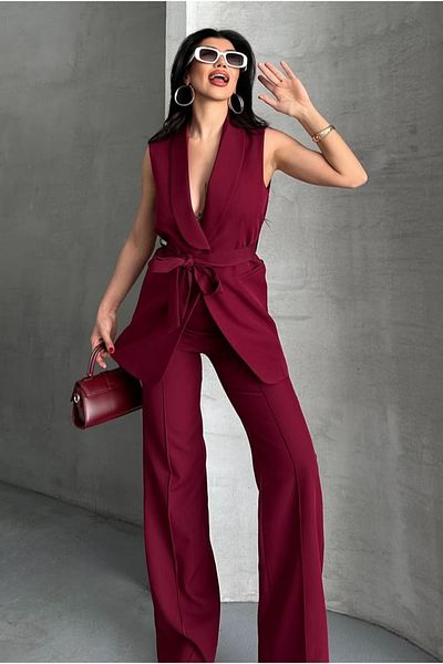 pembekurdelem Women's Shawl Collar and Belted Vest Trousers Suit Burgundy