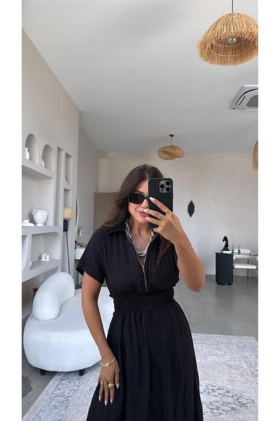 Buket Teke Black Zippered Wrinkle Effect Dress