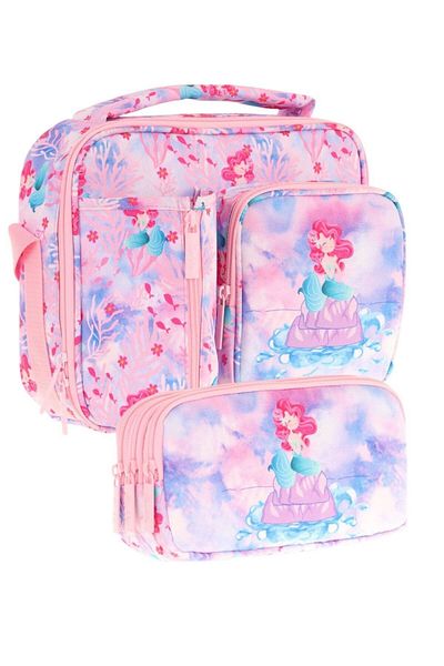 KAUKKO Kids Girl Pink Blue Mermaid Patterned Lunchbox and Pen Holder Set (L7217+L8217)