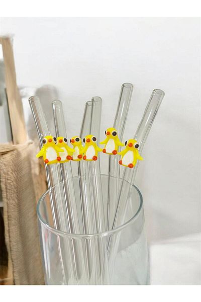 nazarboncuğu Glass Transparent Straw Sustainable Penguin Figured 6-Piece Glass Straw