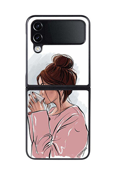 Covernex غطاء حماية لهاتف سامسونج جالاكسي زد فليب 4، رسم فتاة تشرب الشاي