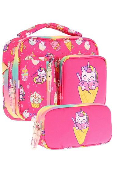 KAUKKO Kids Girl Red Ice Cream Patterned Three Compartment Lunch Box and Pen Holder Set (L7227+L8227)
