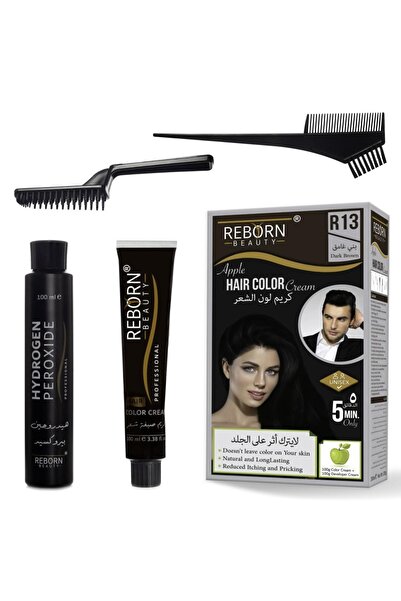 REBORN كريم لون الشعر بني غامق - لا يترك أثر على الجلد - كريم 100 مل + مطور 100 مل - ريبورن بيوتي